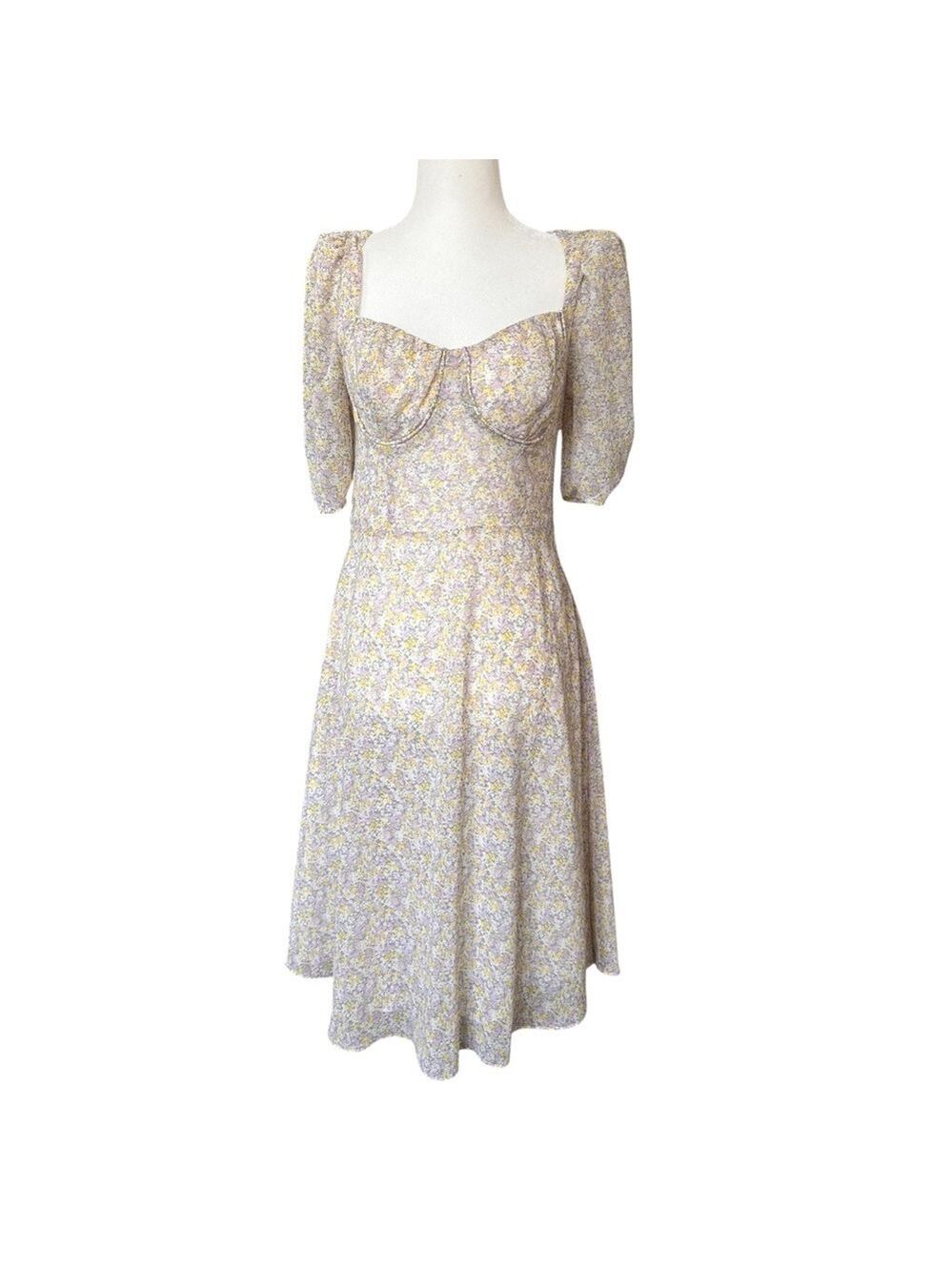 Floral Coquette Sun Dress Butter Yellow balloon sleeves No Size tag fits sm